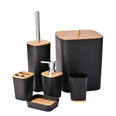 Immagine di Yorkmills Set di accessori da bagno in bambù 6 pezzi, per il bagno, bidoni e scopino WC, Pattumiera moderna, Tazza Porta spazzolino denti, sapone