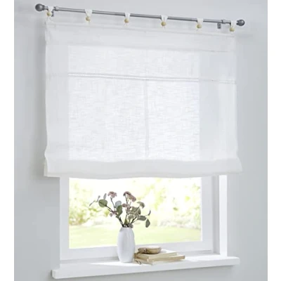 Immagine di Woody Tenda a pacchetto bianca con passanti e sfere di legno, in puro cotone, effetto lino, larghezza 45 cm x altezza 140