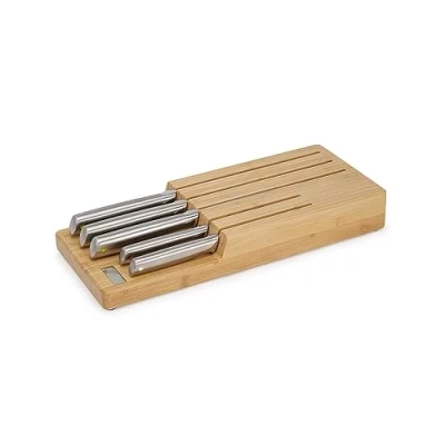 Immagine di Joseph Elevate Set di 5 Coltelli da Cucina Professionale, Chef, Santoku, Acciaio Inox Giapponese, con Blocco Portacoltelli Cassetto, Legno Bambù