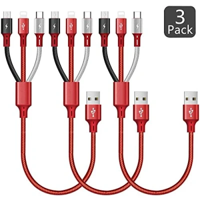 Immagine di ASICEN Multi Cavo di Ricarica, 3 in 1 Multiplo Cavetto USB [35CM] Nylon Intrecciato Ricarica con iP/Micro USB/Tipo C per iPhone/Tablet/Samsung Galaxy/LG/Pixel/HTC/OnePlus 3pack