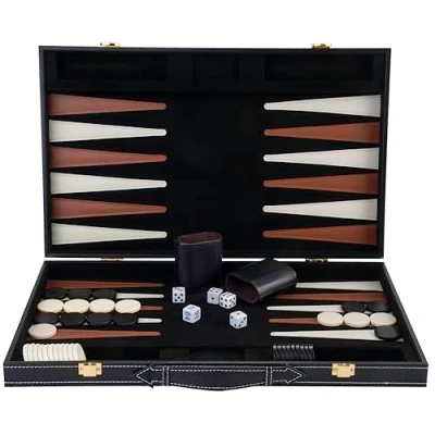 Immagine di Engelhart 250504 Gioco di Backgammon in Legno Deluxe Custodia Rivestita Similpelle, 2 Giocatori, 5 Dadi, Tazze e Shuffleboard (Marrone/Avorio 45,7 cm)