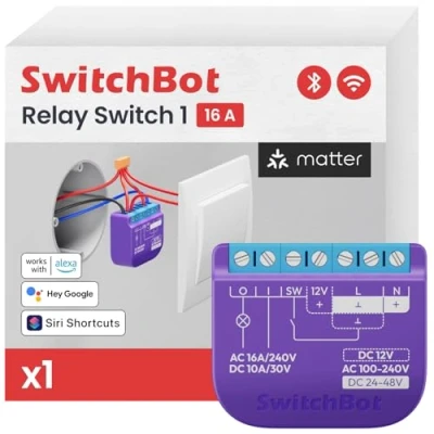 Immagine di SwitchBot interruttore relè opaco 1, WiFi compatibile con Alexa/Apple Home/Google Home, modulo di commutazione 12A ripetitore Bluetooth integrato, Smart Switch Wi Fi e