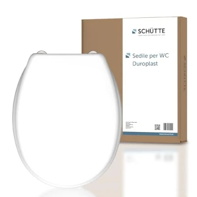 Immagine di SCHÜTTE Toilet Seat Without Soft Close Mechanism, Lid with Metal Hinges, Scratch Resistant Duroplastic, and Maximum Load 150 kg, Universal Size, White
