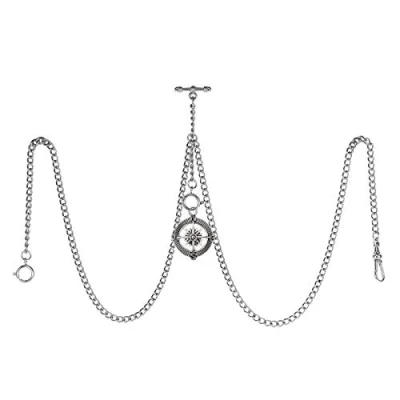 Immagine di TREEWETO Orologio da taschino uomo con doppia catena Albert a maglia barbazzale, 3 ganci ciondolo forma di bussola anticato, design T, Argento, Retro