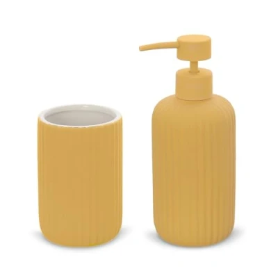 Immagine di Inbagno Set Accessori Bagno 2 Pezzi in Ceramica Giallo cannettato, Dispenser Sapone e portaspazzolini Soft Touch, Spring