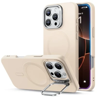 Immagine di ESR Custodia in silicone con Supporto per iPhone 16 Pro, Compatibile MagSafe, fotocamera integrato, magnetica, Serie Cloud, Marrone Chiaro