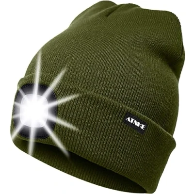Immagine di ATNKE LED Cappello Illuminato Berretto,USB Ricaricabile da Corsa 4 Impermeabile Luce Invernale Calda Lampada Frontale Regali per Uomo e Donna/ArmyGreen