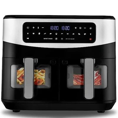Immagine di Venga! Friggitrice ad aria doppia, capacità 2x 4,5 L, 9 modalità di cottura preimpostate, funzioni Match Cook e Smart Finish, 2600 W, nero/argento, VG AFT 3008