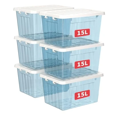 Immagine di Cetomo Scatola portaoggetti in plastica 15L* 6, blu trasparente, contenitore organizzativo con coperchio durevole e fibbie di chiusura sicure, impilabile annidabile, confezione da fibbia