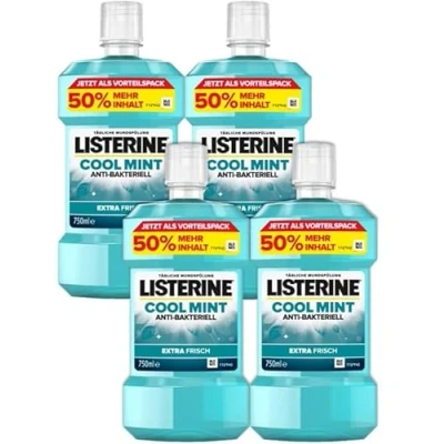 Immagine di LISTERINE Cool Mint (4 x 750 ml), collutorio antibatterico con oli essenziali e sapore di menta, combatte efficacemente i batteri nella bocca, perfetto complemento per la cura dentale