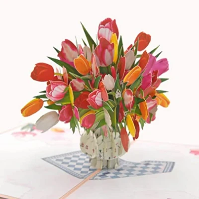 Immagine di Favour Pop Up® Biglietto 3D un bellissimo bouquet di fiori in vaso, per compleanno, anniversario, una convalescenza o come dolce augurio. Con inserto cartoncino su cui scrivere. TF091