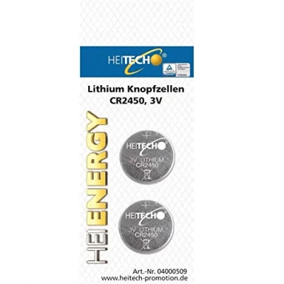 Immagine di HEITECH Confezione da 2 batterie a bottone CR2450 al litio 3V prova di perdite, con lunga durata conservazione.