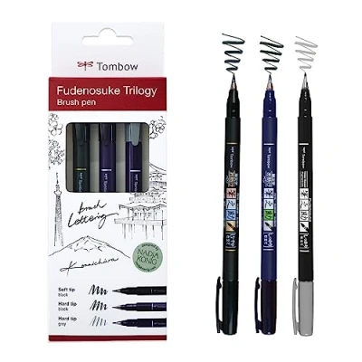 Immagine di Tombow Set Fudenosuke Trilogy, Contenuto: 3 Fudenosukes punta dura, flessibile e grigio, per calligrafia, lettering, schizzi, WS BHS 3P
