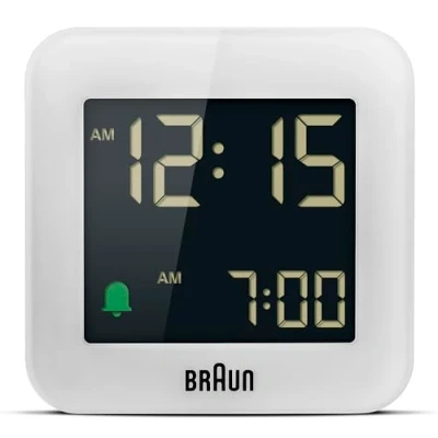 Immagine di Braun Orologio Sveglia da Viaggio Digitale Funzione Snooze, Dimensioni compatte, Display LCD Negativo, Quick Set, Suono Beep con crescendo, in Bianco, modello BC08W.