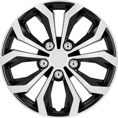Immagine di Cartrend 75568 Daytona Coprimozzi per ruote auto, Fissaggio a 6 piedi con anello, Nero/ Argento, 15&quot; (38.1 cm), Set di 4