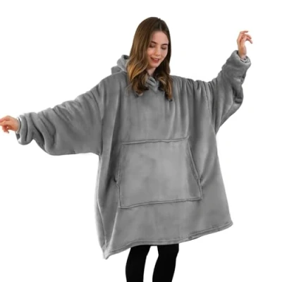 Immagine di Good Nite Wearable Blanket coperta con cappuccio oversize per donne e uomini Sherpa Coperte adulti Soffice calda tasche Grigio