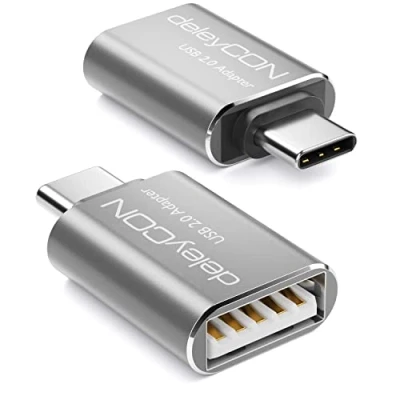 Immagine di deleyCON USB C a Adattatore (2 Pezzi) OTG In Alluminio Per Smartphone Laptop Tablet Compatibile con IPhone 15 Pro Max MacBook Air 2023 IPad Mini iMac Argento