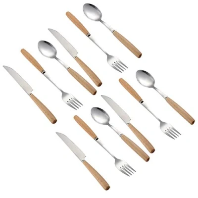 Immagine di Zeafree Set di Posate da 12 Pezzi, nel Acciaio Inossidabile Legno con Manico Coltello, Forchetta, Cucchiaio, Set, Stoviglie