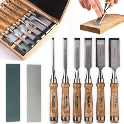 Immagine di Hawerk Scalpello per legno, 6 scalpelli + 2 pietre affilare valigetta