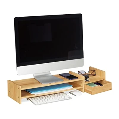 Immagine di Relaxdays Supporto per Monitor, Rialzo Schermo con Cassetto, Stand Computer Portatile, HLP 12 x 70 19 cm, Naturale, 100% bambù,