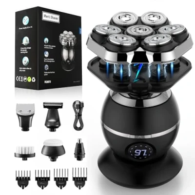 Immagine di ETENTOUS 7D Magnetici Rasoio Elettrico Barba Testa Calva uomo Ricaricabile Capelli Impermeabile con Display LED IPX7 Corpo Uomo/9 Kit di Bellezza.