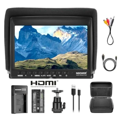 Immagine di Neewer F100 Monitor da Campo 7 HD Video Assist Sottile IPS 1280x800 HDMI Input 1080p con 2600mAh Batteria a Litio Caricatore USB Borsa di Trasporto per Reflex Digitali Stabilizzatori Rig ecc