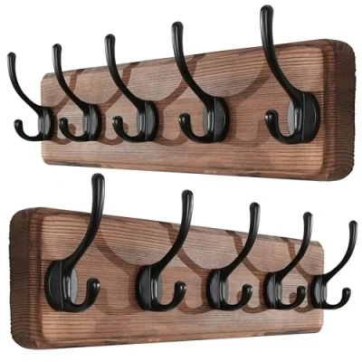 Immagine di SKOLOO Appendiabiti da parete rustico, confezione 2, in legno massello di pino, 5 ganci per appendere vestiti, accappatoi, asciugamani, cappotti