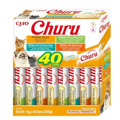 Immagine di INABA Churu Snack per Gatti Cremoso in 4 Varietà al Pollo 40 Stick x 14g Cibo da Leccare, Sano e Delizioso Gatto Senza Conservanti o Coloranti Artificiali, Grain Free