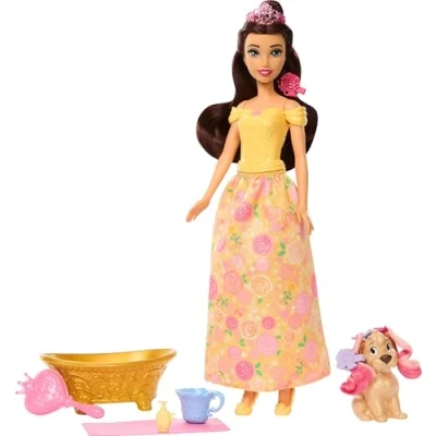 Immagine di Mattel Disney Princess Belle e Cucciolo Momenti di Bellezza, bambola alla moda cagnolino con macchie cambia colore, accessori inclusi, ispirato a la Bella Bestia, 3+ anni, JFC42
