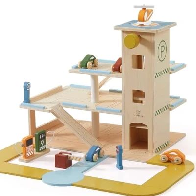 Immagine di Little Log Garage di Parcheggio in Legno con Accessori per Lavaggio Auto da Gioco Ascensore Elicottero Set Giocattoli 3 Piani 21 Pezzi Bambini e Bambine dai