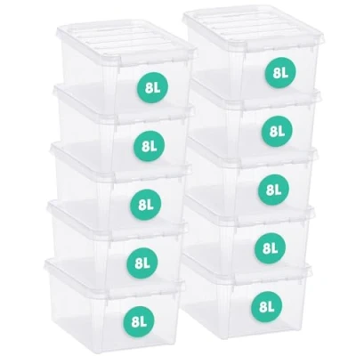 Immagine di SmartStore 8L Scatole portaoggetti in plastica con coperchi, confezione da 10 pezzi, trasparenti e impilabili, adatte al contatto alimentare, chiusura a clip, L 34 x W 25 H 16 cm