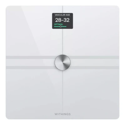 Immagine di WITHINGS Body Comp Bilancia pesapersone digitale WiFi con analisi corporea completa: peso, grasso corporeo, muscolare, acqua e tracciamento cardiovascolare, impedenziometrica, bianco