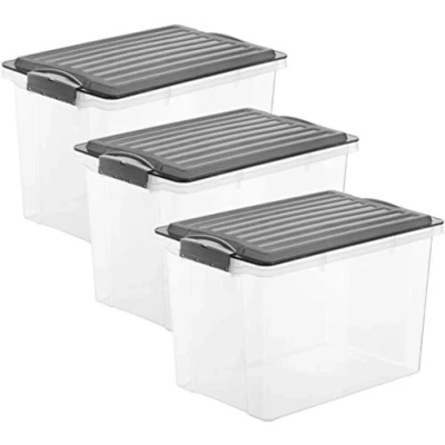 Immagine di Rotho Compact Set Di 3 Scatole Con Coperchio, Plastica (Pp) Senza Bpa, Grigio (Antracite)/Trasparente, 40 X 28 34.4 Cm