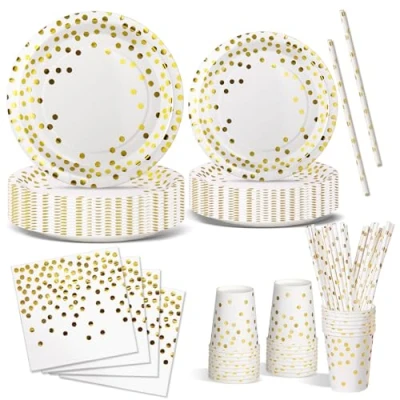 Immagine di Nkaiso Stoviglie Per Feste 120 Pezzi Bianco Oro Festa della Addobbi Ragazza di Compleanno dei Dambini Posate set Include Piatto Usa e Getta Carta Party Tovaglioli 24 Ospiti