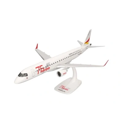 Immagine di herpa Snap Fit Modellino aereo German Airways Embraer E190 75 Years, Miniatura in scala 1:100, pezzo da collezione, modello con base, plastica