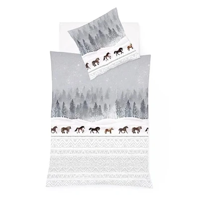 Immagine di fleuresse Biancheria da letto in flanella di cotone felpato, motivo: cavalli, argento, 1 copripiumino 135 x 200 cm + federa 80