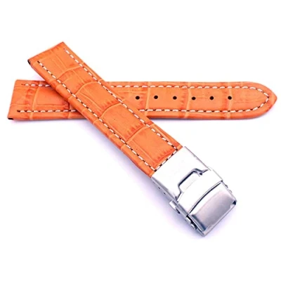 Immagine di Sulla Cinturino per orologio alligatore goffrato in vera pelle con fibbia deployante acciaio inox cuciture bianche, Colore: arancione., 20mm, cinghie