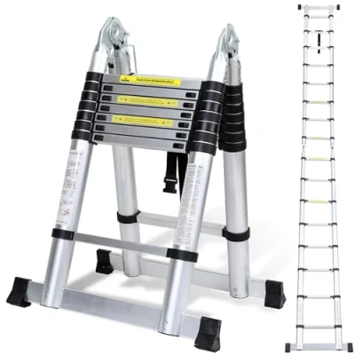 Immagine di Cecaylie Scala telescopica in alluminio, allungabile, antiscivolo, multifunzionale, portatile, portata massima 150 kg, 5 m (2,5 + 2,5 m)