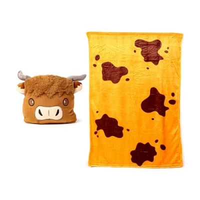 Immagine di Puckator Cuscino in Peluche 2 1 con Morbida Copertina Blankeazzz Bue Scozzese e Macchie