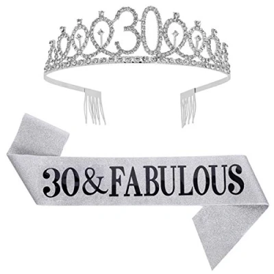 Immagine di SUSSURRO Set di 30 fusciacche e strass da favoloso, regalo per il compleanno, fascia festa compleanno donna (argento)