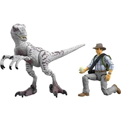 Immagine di Mattel Jurassic World Park III Confezione di figure Dr Alan Grant &amp; Velociraptor Accessori, autentici e altamente posabili, collezione Hammond, HLN14