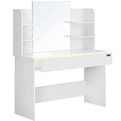 Immagine di CASARIA® Tavolo Trucco Lucia 140x110x40 con 4 Ripiani e Specchio Make Up Toeletta in Legno Bianco