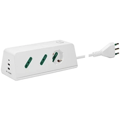 Immagine di VIMAR 00604.CC.B Presa multipla da scrivania con interruttore e cavo 2m, 1 uscita SICURY universale, 2 uscite standard italiano, USB A C, spina 16A, bianco