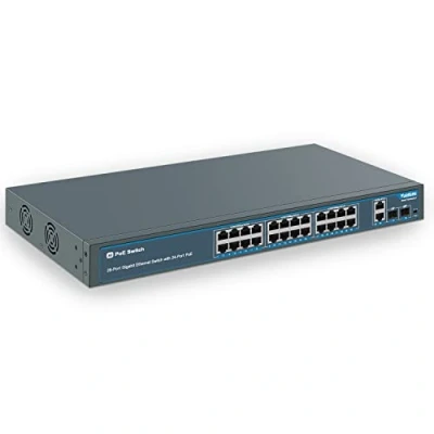 Immagine di YuanLey Switch PoE Gigabit a 28 porte con 24 PoE+@400 W, 2 Uplink Gigabit, SFP, metallo robusto per montaggio su desktop/rack, AI Watchdog, VLAN, Plug and Play, non gestito
