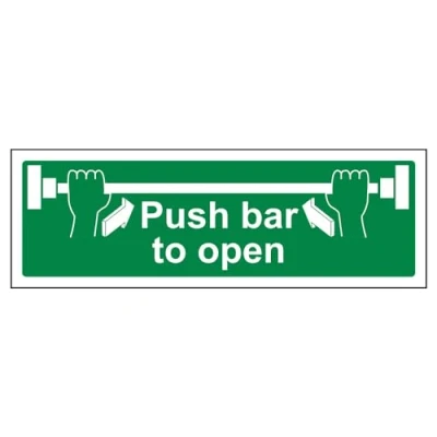 Immagine di VSafety 22001BJ S Safe Condition Cartello per porta con scritta in lingua inglese &quot;Push Bar to Open&quot;, vinile autoadesivo, 450 mm x 150 mm, verde