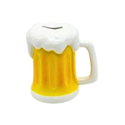 Immagine di Salvadanaio a forma di bicchiere da birra, con salvadanaio, bianco e giallo, dimensioni (L x P A): circa 14 13 cm