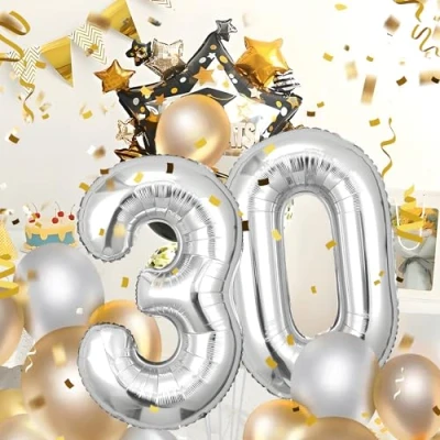Immagine di Palloncini Compleanno 30 anni Argento 101 CM Palloncino Numero Gonfiabile in Foil Decorazioni di un uomo donna Vola con l&#039;Elio
