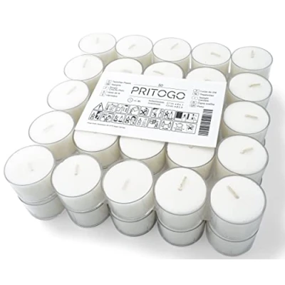 Immagine di PRITOGO Lumini bianchi con vasetto in plastica, Ø 3,8 x 2,5 cm, non producono fuliggine, tempo di combustione: 8 ore (50 pezzi)