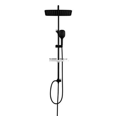 Immagine di JOHO Colonna Doccia in Acciaio Inox Nero Opaco senza Miscelatorein Rubinetto Termostatico Set Regolabile Altezza con Mensola (35 * 25cm,Nero)