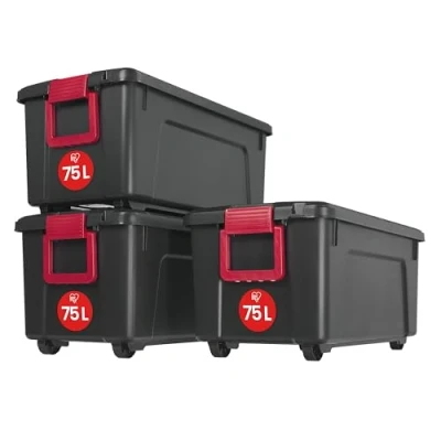 Immagine di Iris Ohyama, Scatole, organizer di stoccaggio in plastica, set 3, 75 L, con ruote, impilabili, multiuso, garage, giardino, capannone, soffitta Store it All Box SIA Nero